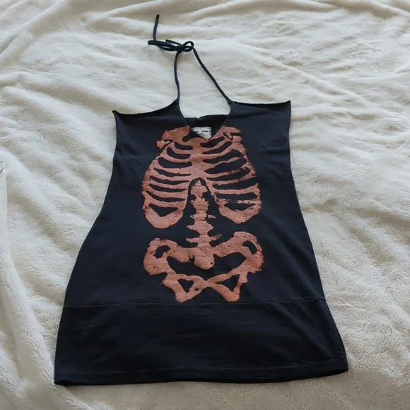 *RARE* Rockin' Bones Custom Halter Tunic/Dress Black with Orange Skeleton XS - Picture 1 of 9